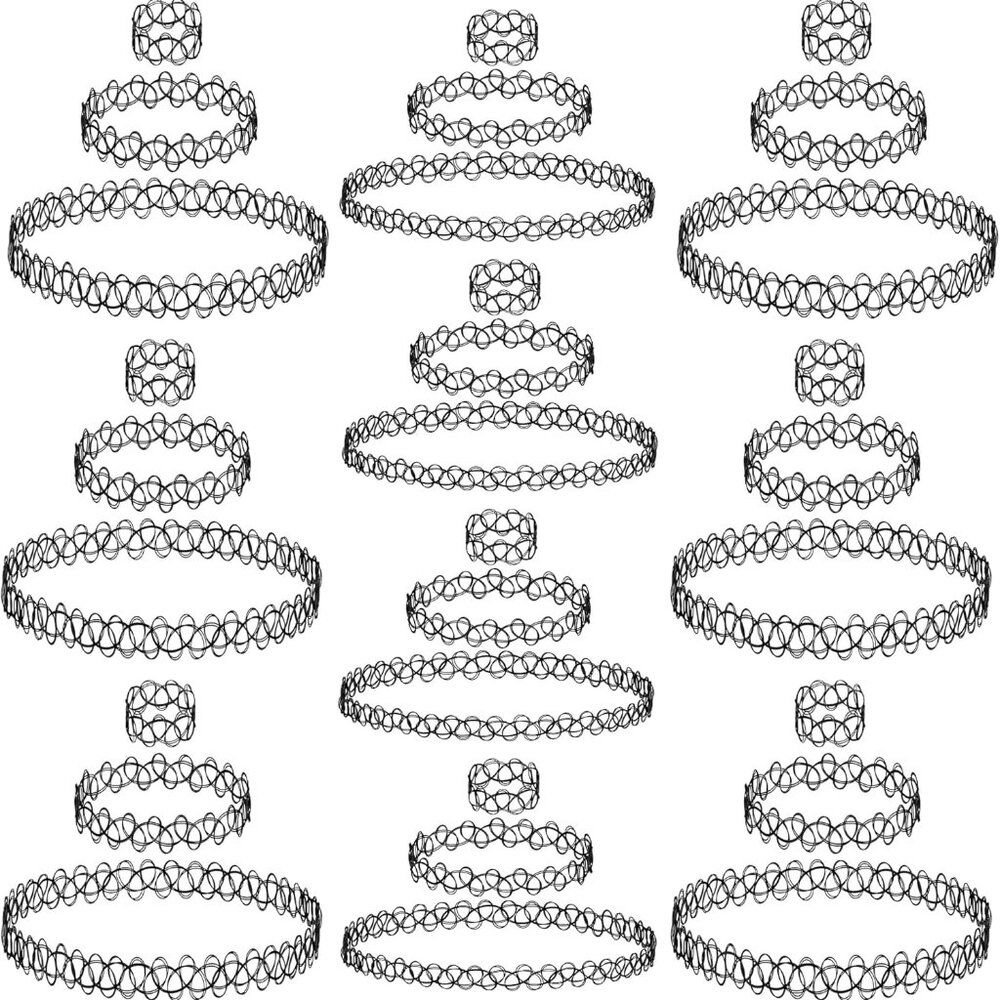 Thirty black stretchy tattoo choker necklaces laid flat in rows, showing the open woven lattice pattern and the absence of any clasp or fastening